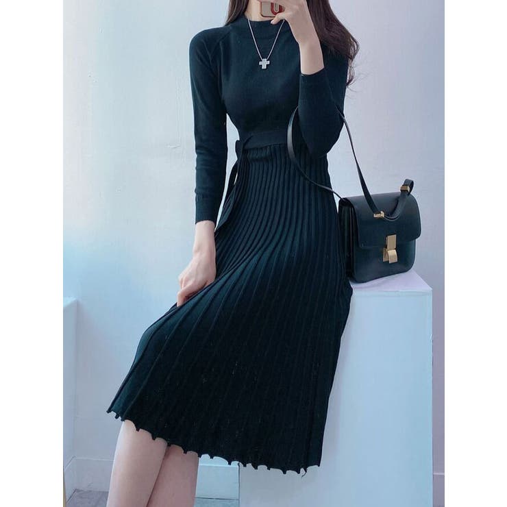 クルーネックニットワンピース レディース 膝丈[品番：KH000013089