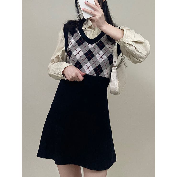 アーガイル柄ニットベストワンピース レディース ノースリーブ