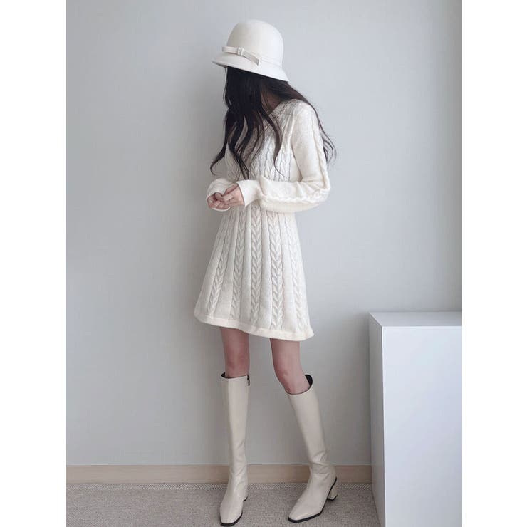 Vネックニットワンピースショート丈 レディース ケーブルニット | VIVID LADY | 詳細画像8 