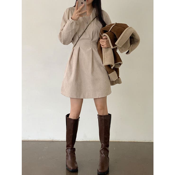 【2色】☆長袖☆コーデュロイ フリル ミニ丈 ワンピース ドレス コーデュロイピンタックミニワンピース レディース 長袖[品番