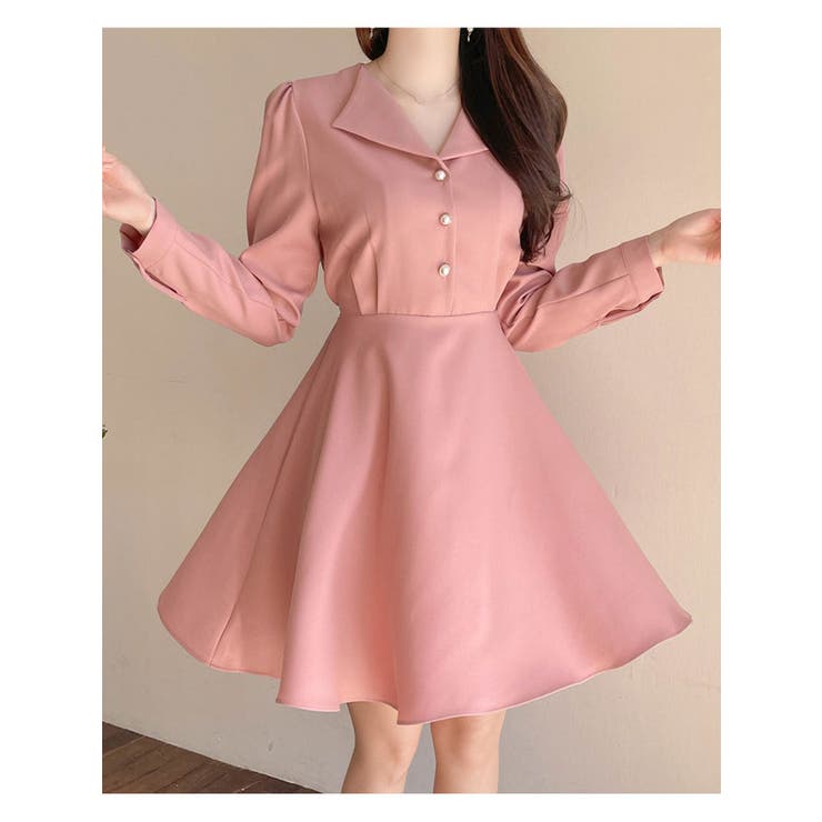 ピンク 長袖 ミニワンピース シンプルなミニフレアワンピース レディース 長袖[品番