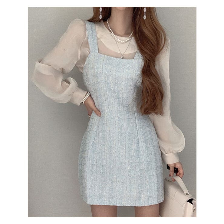 春ツイードビスチェワンピースショート丈 レディース 長袖[品番