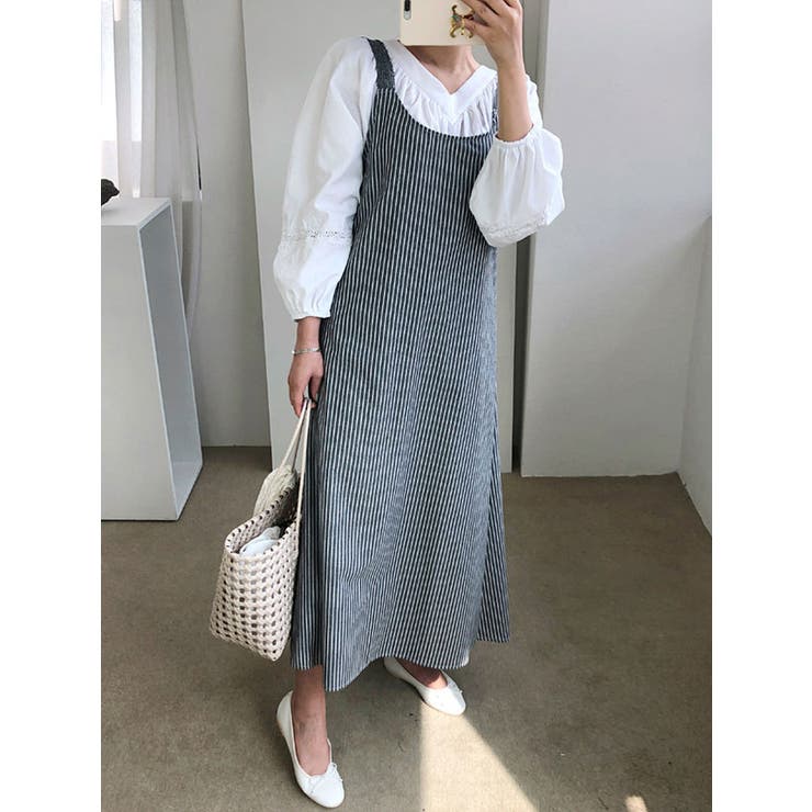 春ストライプ柄ロングワンピース レディース 長袖[品番