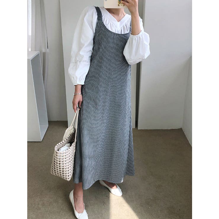 春ストライプ柄ロングワンピース レディース 長袖[品番