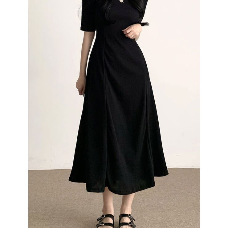 ブラック ロングワンピース 半袖 Aライン JUNOAH ワンピース 「M〜3XL展開」Aラインゆったり半袖マキシ丈