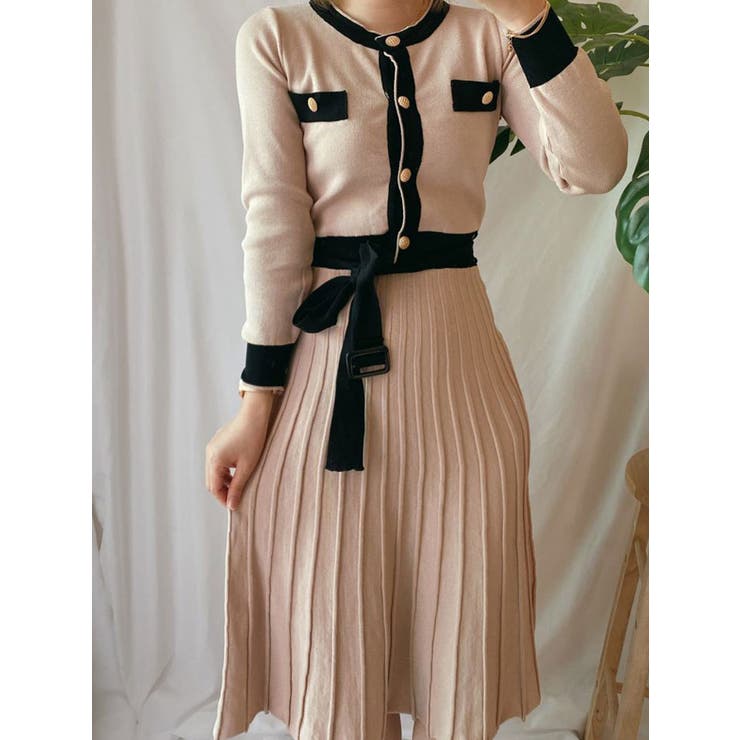 ツーピース感の配色ニットロングワンピースレディース 長袖 配色