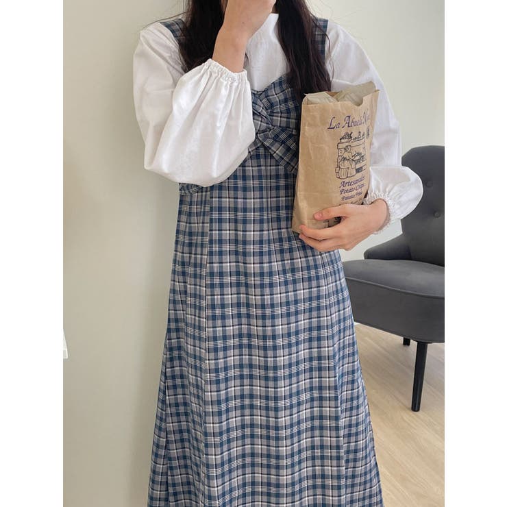 チェック柄キャミソールワンピース ロング丈 春[品番