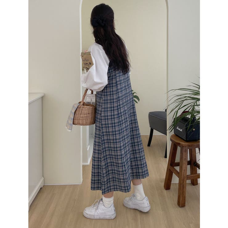 チェック柄キャミソールワンピース ロング丈 春[品番