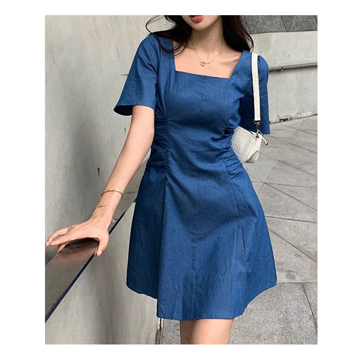 薄い夏Aラインデニムワンピース 半袖 ショート丈[品番：KH000012416