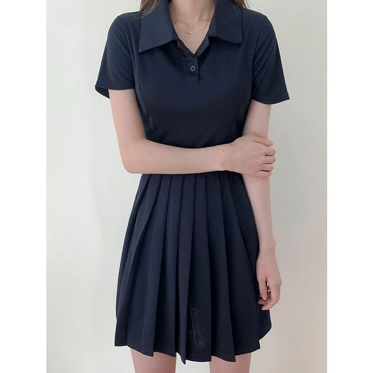ポロ襟プリーツミニワンピース 半袖 全1色[品番：KH000012453