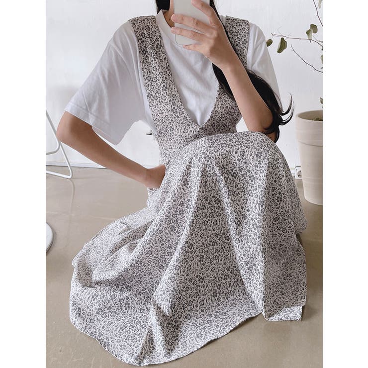 vネック花柄サロペットロングワンピース 全2色 フラワー柄[品番 