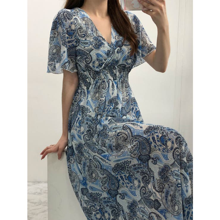 ペイズリー柄シフォンロングワンピース 全2色 ロングワンピ[品番