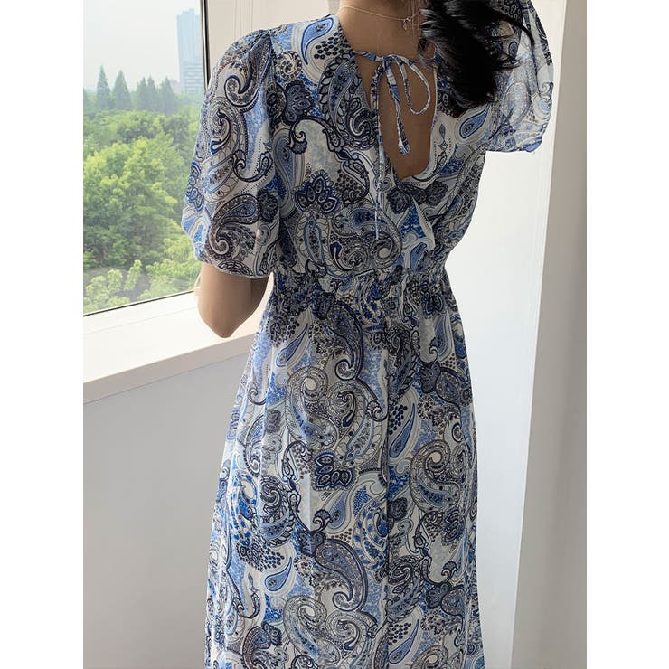 ペイズリー柄シフォンロングワンピース 全2色 ロングワンピ[品番