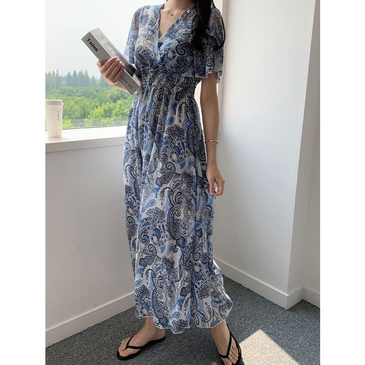 ペイズリー柄シフォンロングワンピース 全2色 ロングワンピ[品番
