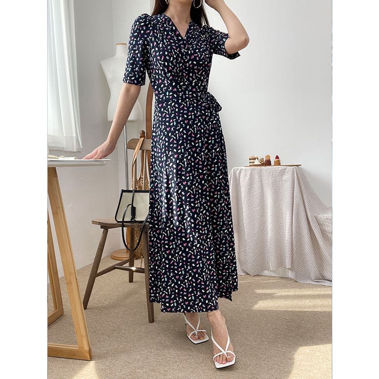 カシュクールロングワンピース 全2色 ロングワンピ[品番：KH000012541