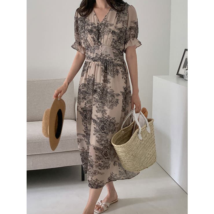 フラワー柄vネックロングワンピース 全2色 シフォンロング