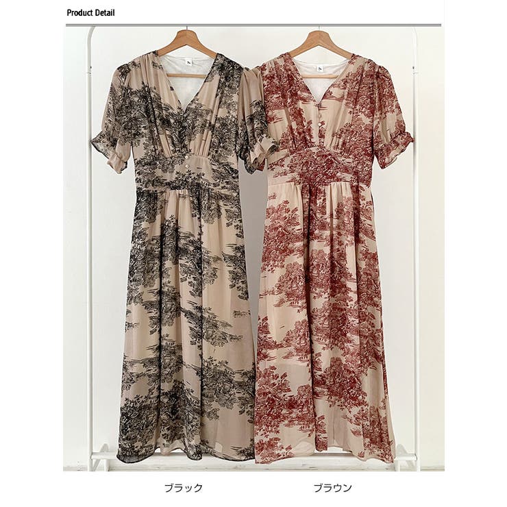 【韓国】 シフォンワンピース ロング フラワー Vネック ランタン フラワー柄vネックロングワンピース 全2色 シフォンロング