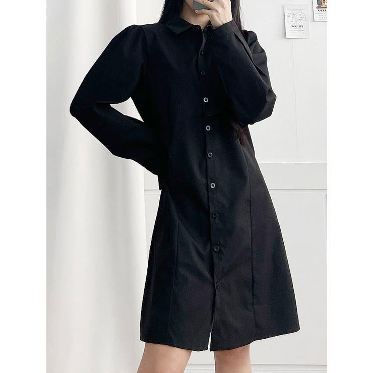 ワンピース ラペル シャツ ドレス スリム スカート 長袖 3 スリムミニシャツワンピース 全3色 長袖[品番:KH000012806