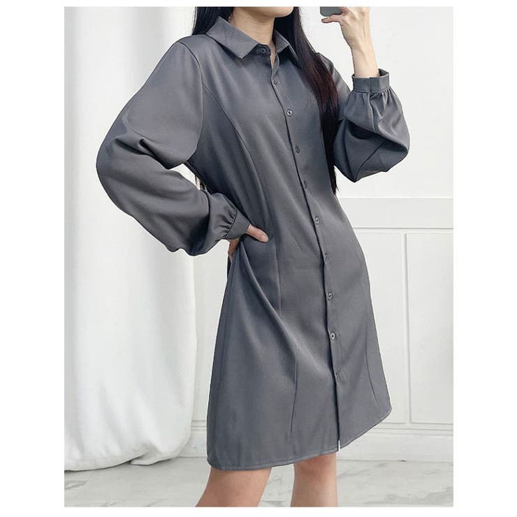 チャコール | ボリューム袖シャツミニワンピース 全3色 長袖 | VIVID LADY
