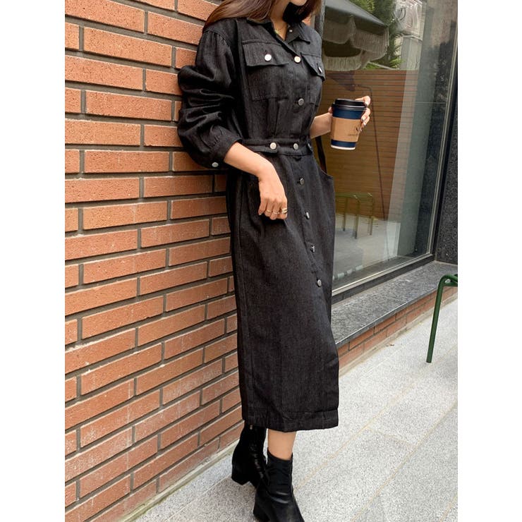 黒デニムロングワンピース長袖 ロングワンピース デニム[品番