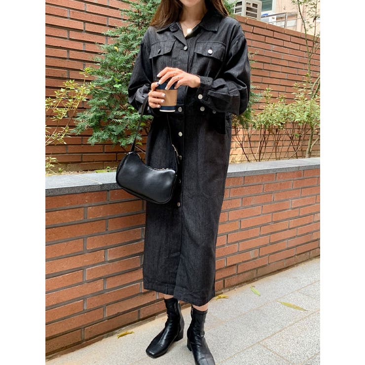 黒デニムロングワンピース長袖 ロングワンピース デニム[品番