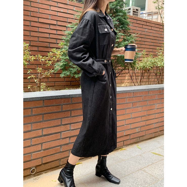 黒デニムロングワンピース長袖 ロングワンピース デニム[品番