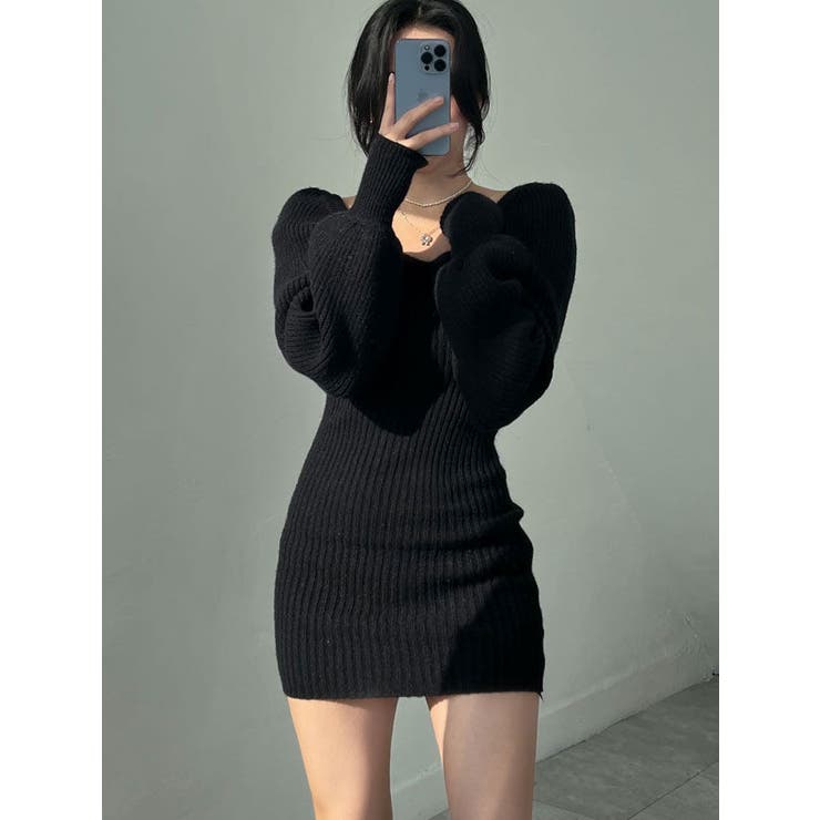 パフスリーブリブニットワンピース ショート丈 レディース[品番  