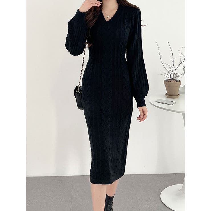 バルーン袖ケーブルニットワンピース レディース 長袖[品番