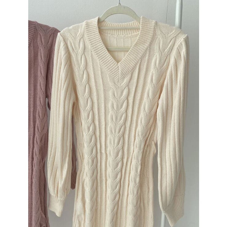 バルーン袖ケーブルニットワンピース レディース 長袖[品番