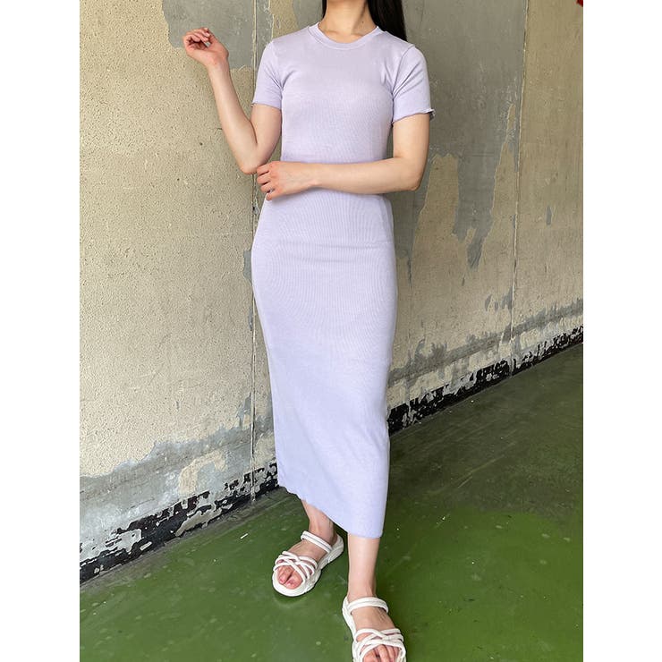 リブタイトロングワンピース 半袖 全4色[品番：KH000013810