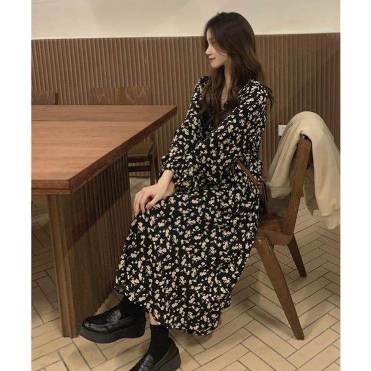 花柄カシュクールロングワンピース 長袖[品番：KH000015301
