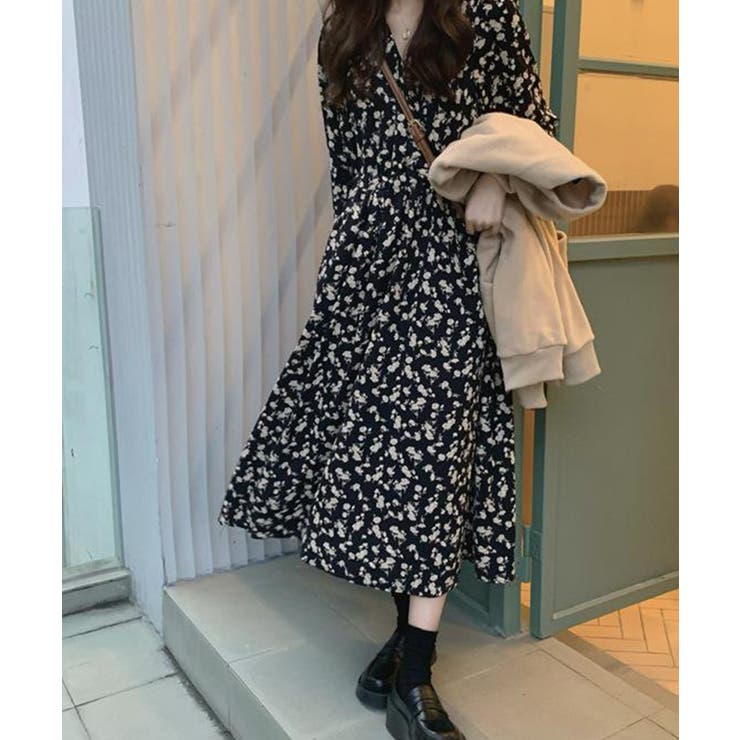 花柄カシュクールロングワンピース 長袖[品番：KH000015301