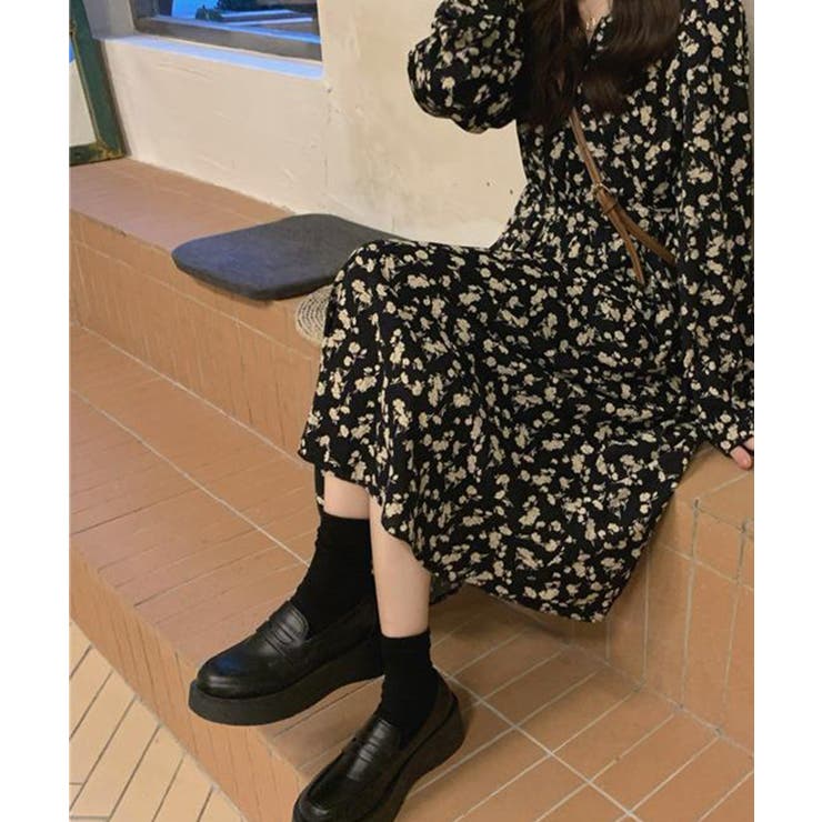 花柄カシュクールロングワンピース 長袖[品番：KH000015301