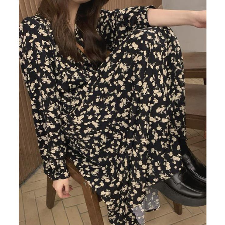 花柄カシュクールロングワンピース 長袖[品番：KH000015301