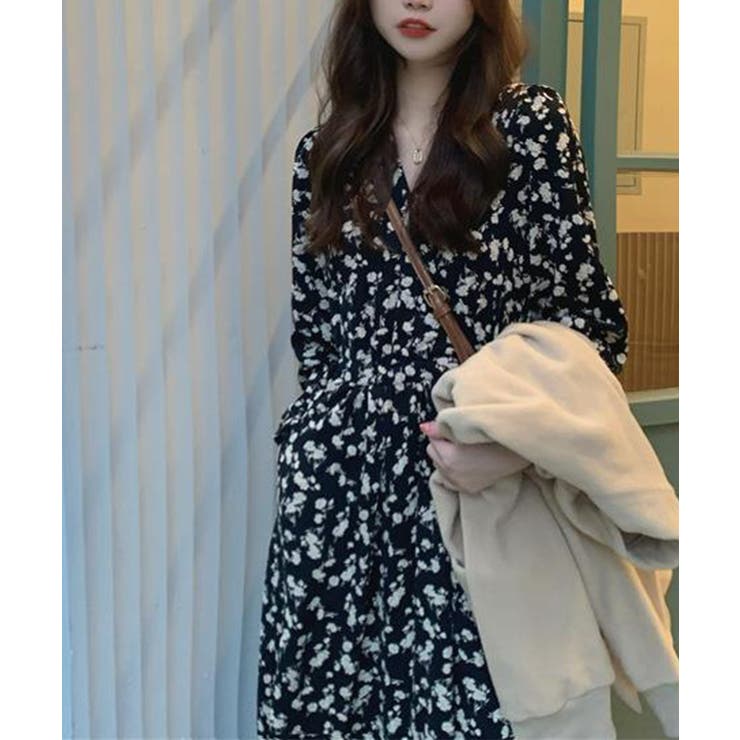 花柄カシュクールロングワンピース 長袖[品番：KH000015301
