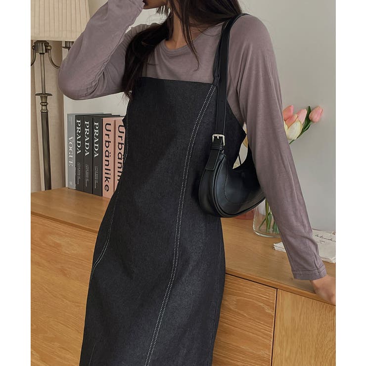 デニムステッチロングワンピース レディース 春秋[品番：KH000012902