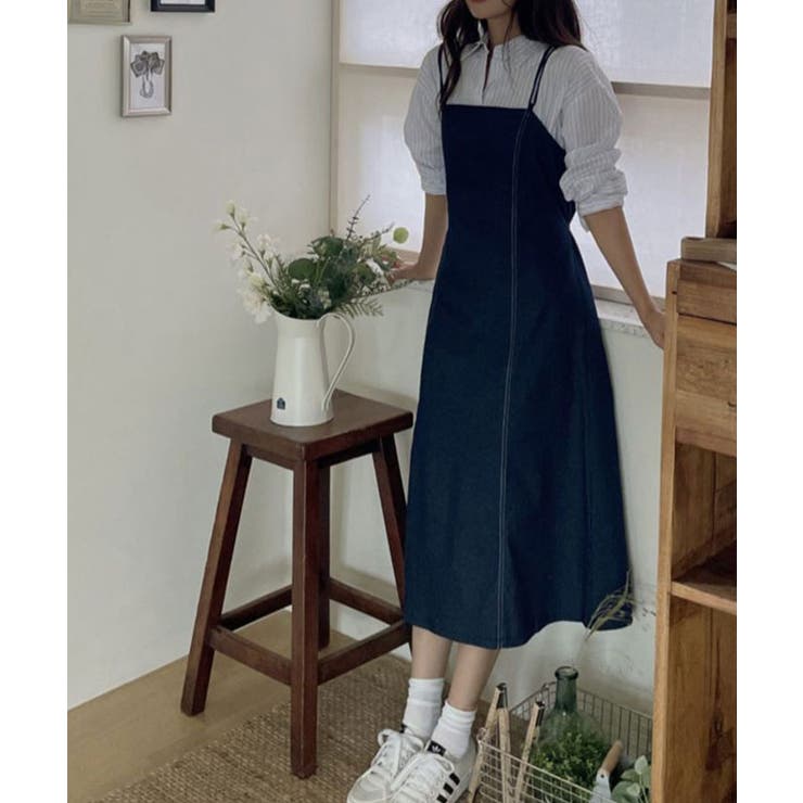 デニムステッチロングワンピース レディース 春秋[品番