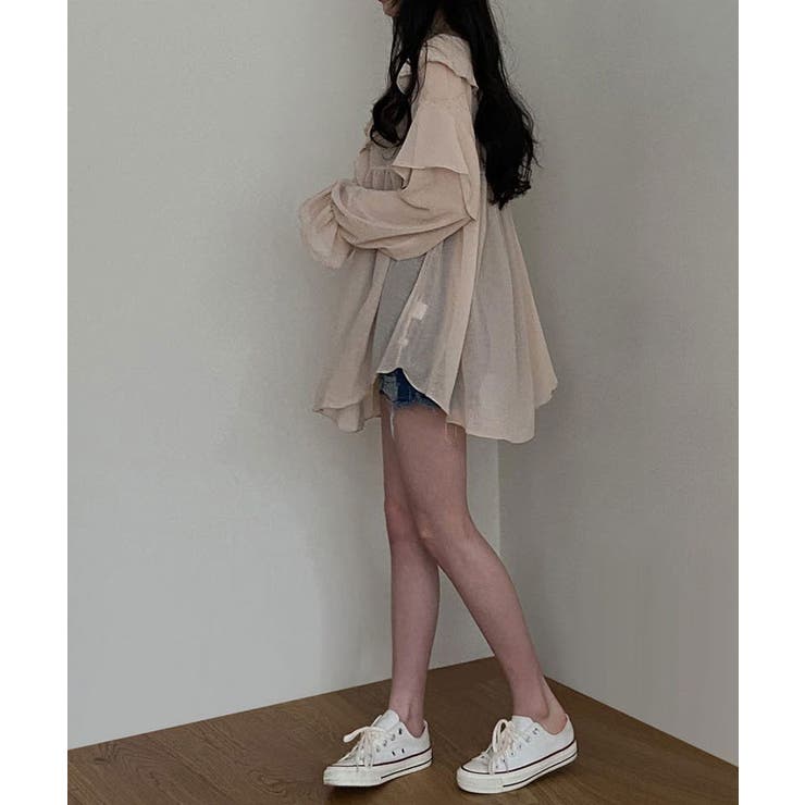 ルーズフィットシフォンシアーフリルミニワンピース 長袖 リボン