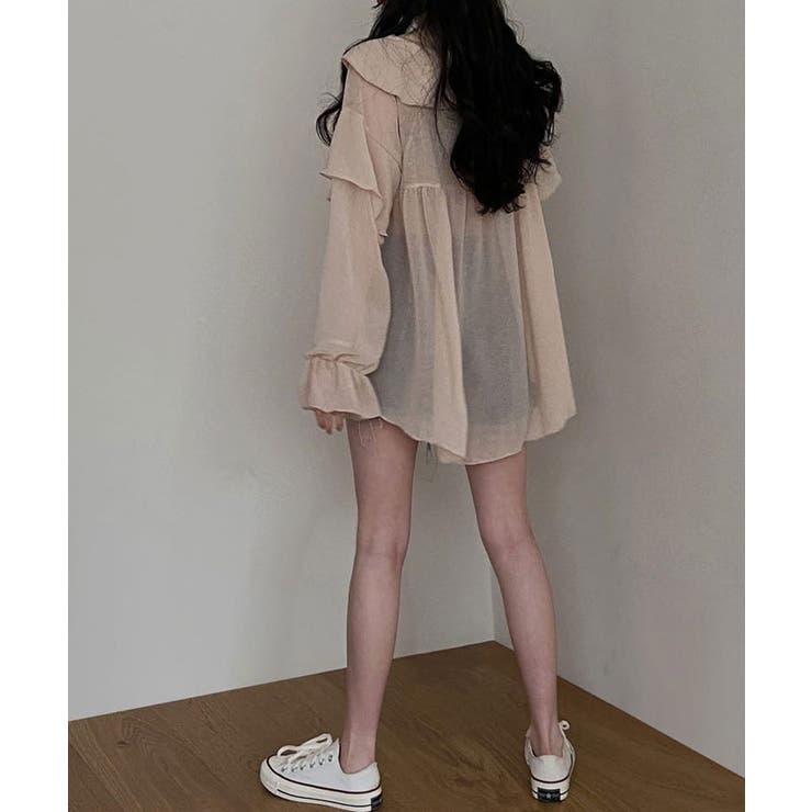 ルーズフィットシフォンシアーフリルミニワンピース 長袖 リボン