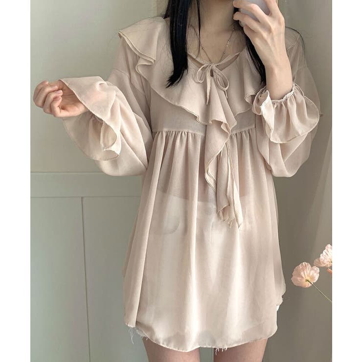ルーズフィットシフォンシアーフリルミニワンピース 長袖 リボン