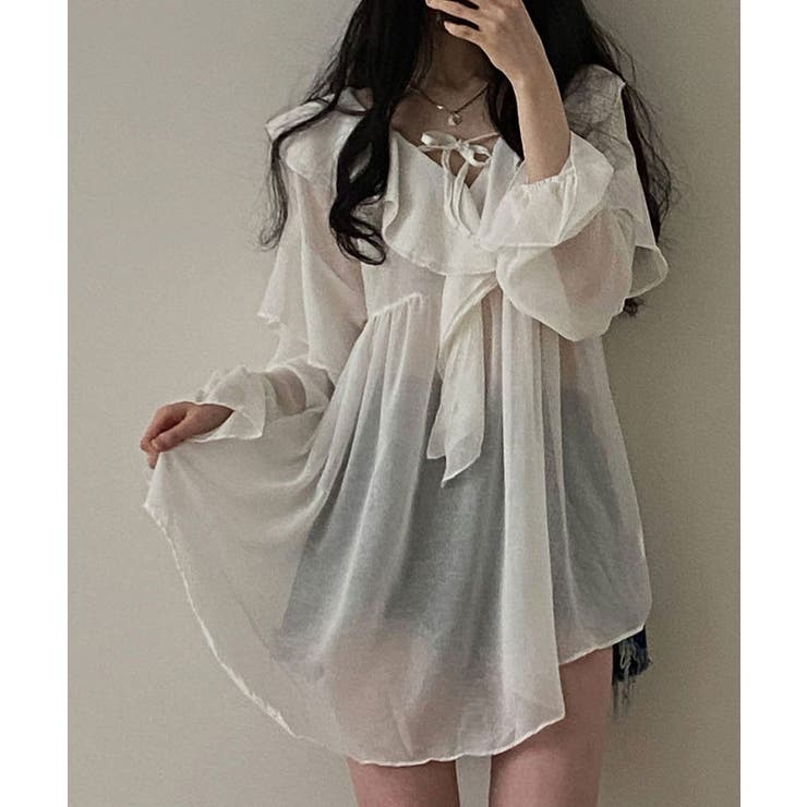 ルーズフィットシフォンシアーフリルミニワンピース 長袖 リボン