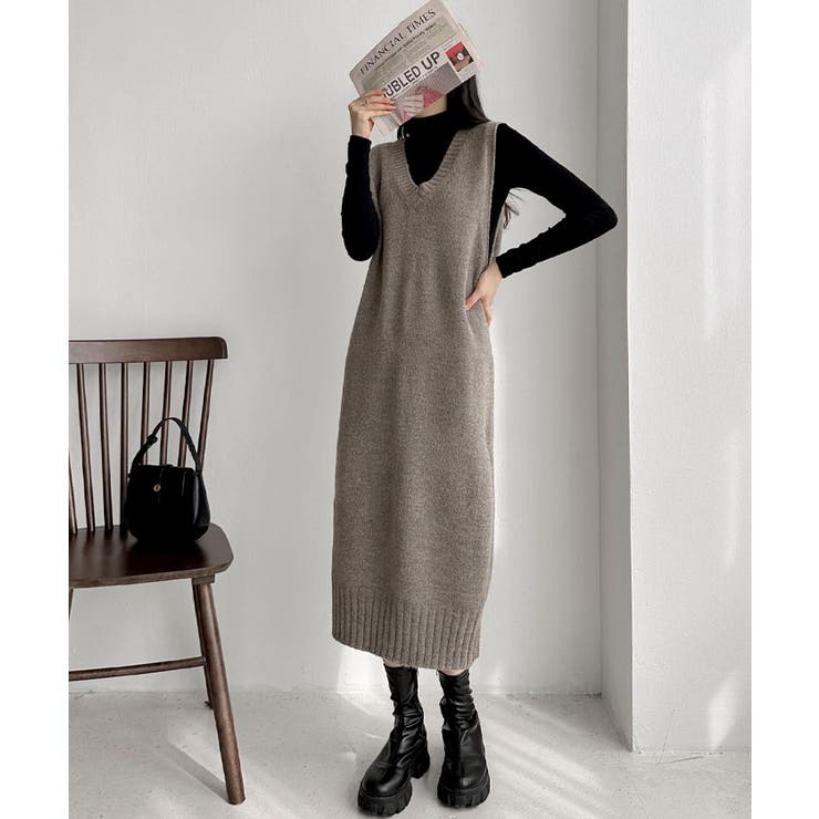 レイヤードニットベストワンピース レディース ノースリーブ[品番