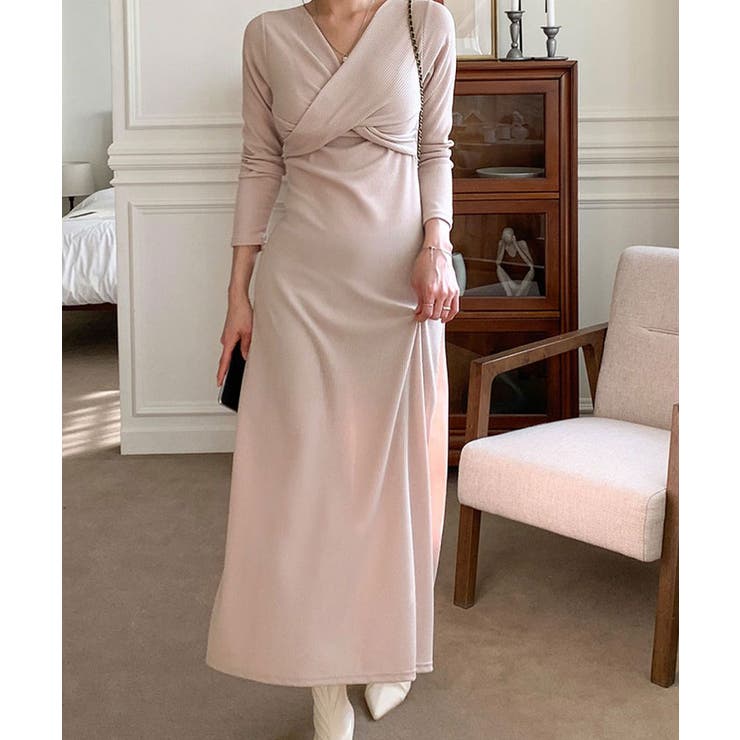 CAROME アイボリー 長袖 Vネック ロングワンピース