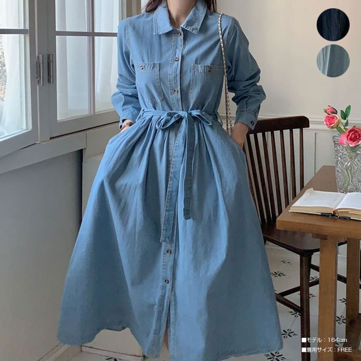 デニムロングシャツワンピース 長袖 春ワンピース[品番：KH000014530