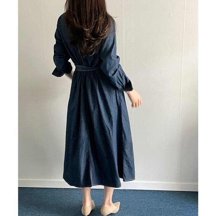 デニムロングシャツワンピース 長袖 春ワンピース[品番