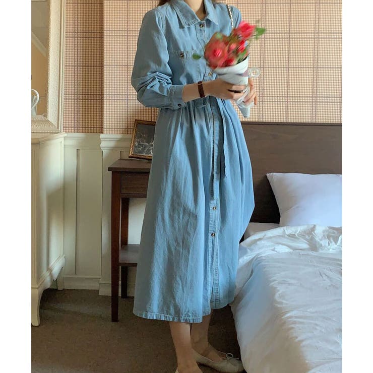 デニムロングシャツワンピース 長袖 春ワンピース[品番
