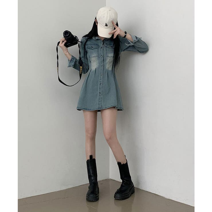 デニムシャツワンピース 長袖 春ワンピース[品番：KH000014551
