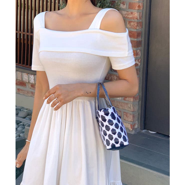 2wayオフショルダーカンカンワンピース ロング丈 半袖[品番  