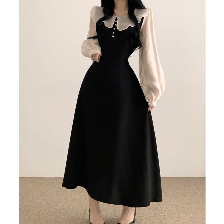 襟付きロングワンピース 長袖 ドッキング[品番：KH000014618