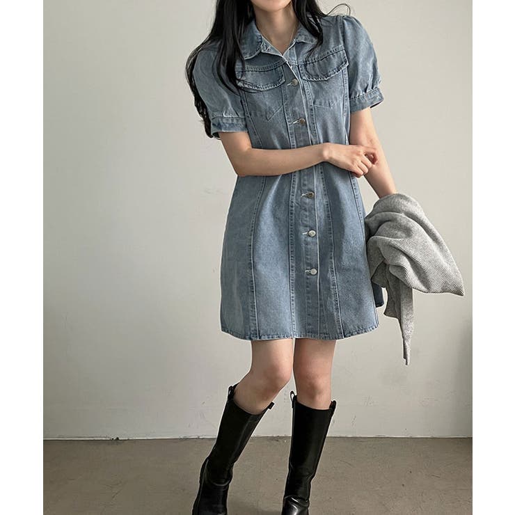 ダークグレー デニムミニドレス パフスリーブ pium ダークグレー デニムミニドレス パフスリーブ ワンピース